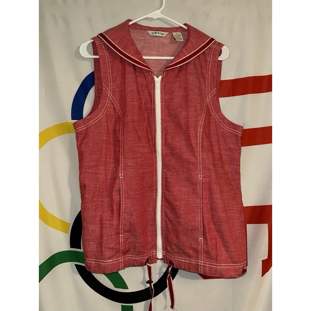 Orvis Vest Red Full Zip Womens Medium Sailor Linen Blend Vintage